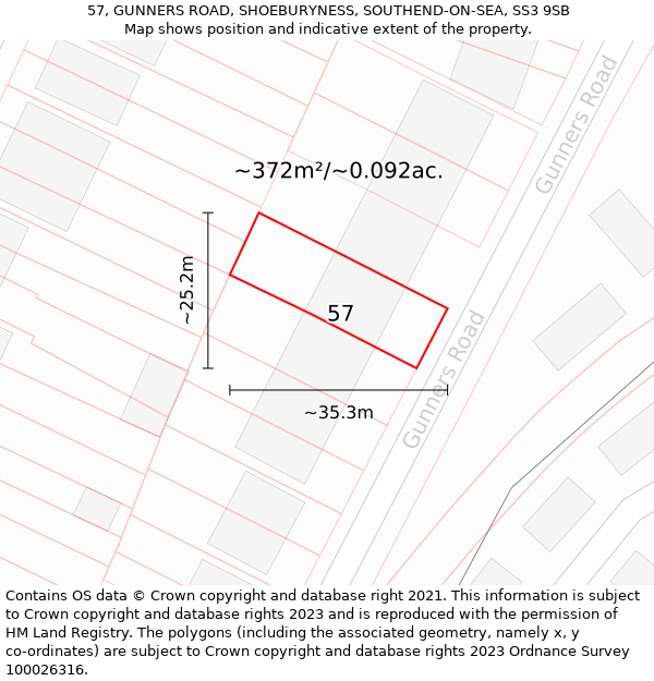 57, GUNNERS ROAD, SHOEBURYNESS, SOUTHEND-ON-SEA, SS3 9SB: Plot and title map