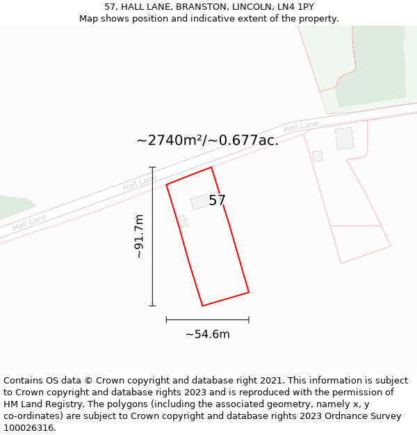 57, HALL LANE, BRANSTON, LINCOLN, LN4 1PY: Plot and title map