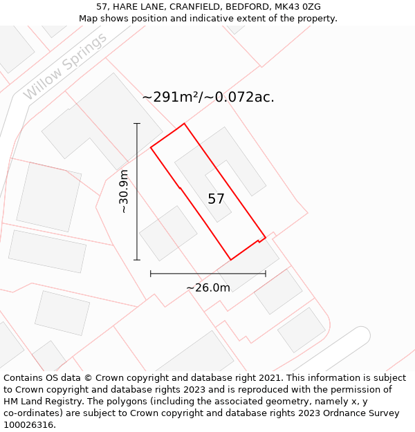 57, HARE LANE, CRANFIELD, BEDFORD, MK43 0ZG: Plot and title map