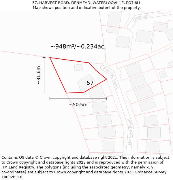 57, HARVEST ROAD, DENMEAD, WATERLOOVILLE, PO7 6LL: Plot and title map