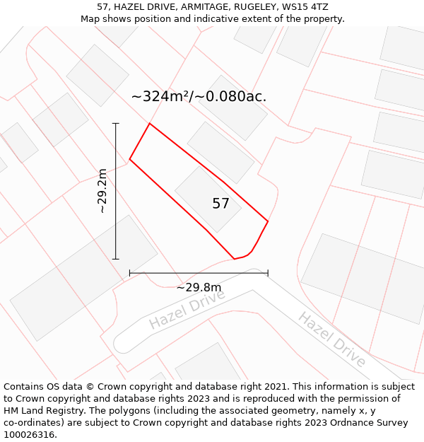 57, HAZEL DRIVE, ARMITAGE, RUGELEY, WS15 4TZ: Plot and title map