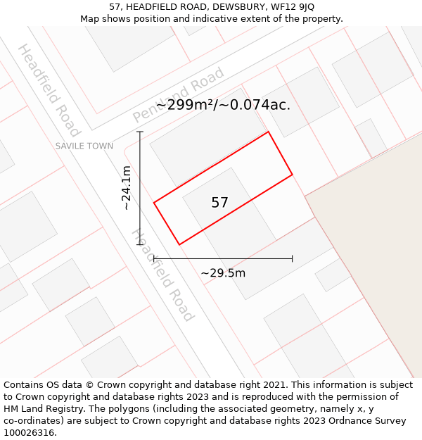 57, HEADFIELD ROAD, DEWSBURY, WF12 9JQ: Plot and title map