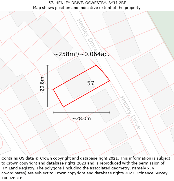 57, HENLEY DRIVE, OSWESTRY, SY11 2RF: Plot and title map
