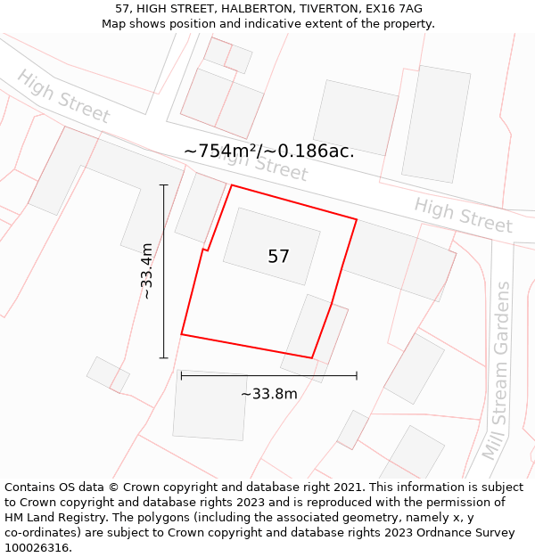 57, HIGH STREET, HALBERTON, TIVERTON, EX16 7AG: Plot and title map