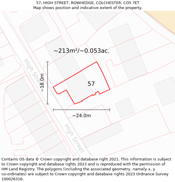 57, HIGH STREET, ROWHEDGE, COLCHESTER, CO5 7ET: Plot and title map