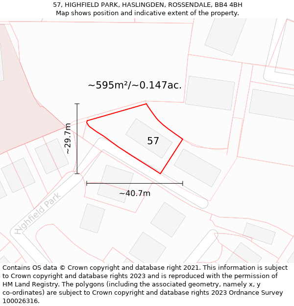 57, HIGHFIELD PARK, HASLINGDEN, ROSSENDALE, BB4 4BH: Plot and title map