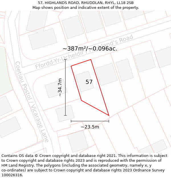 57, HIGHLANDS ROAD, RHUDDLAN, RHYL, LL18 2SB: Plot and title map