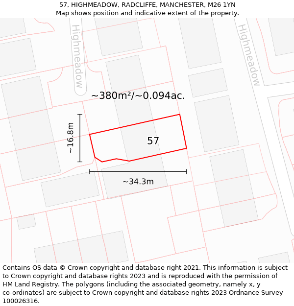 57, HIGHMEADOW, RADCLIFFE, MANCHESTER, M26 1YN: Plot and title map