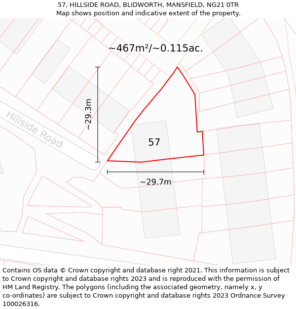 57, HILLSIDE ROAD, BLIDWORTH, MANSFIELD, NG21 0TR: Plot and title map