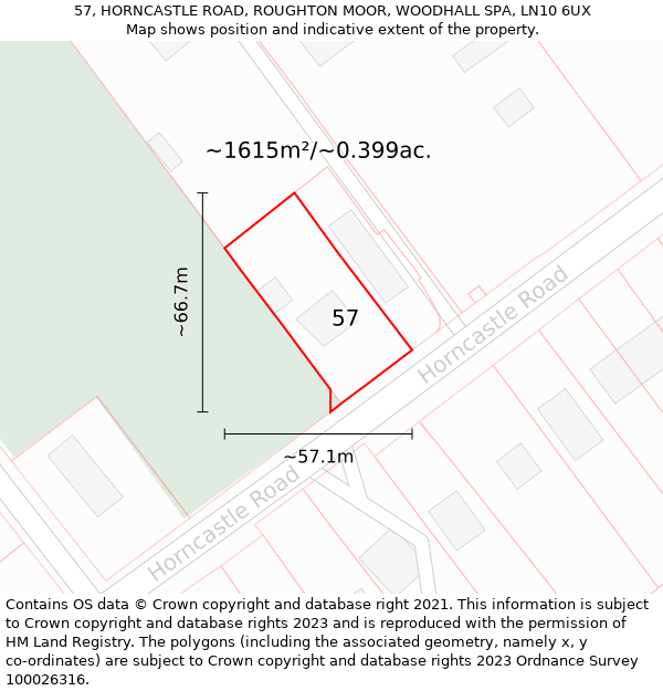 57, HORNCASTLE ROAD, ROUGHTON MOOR, WOODHALL SPA, LN10 6UX: Plot and title map