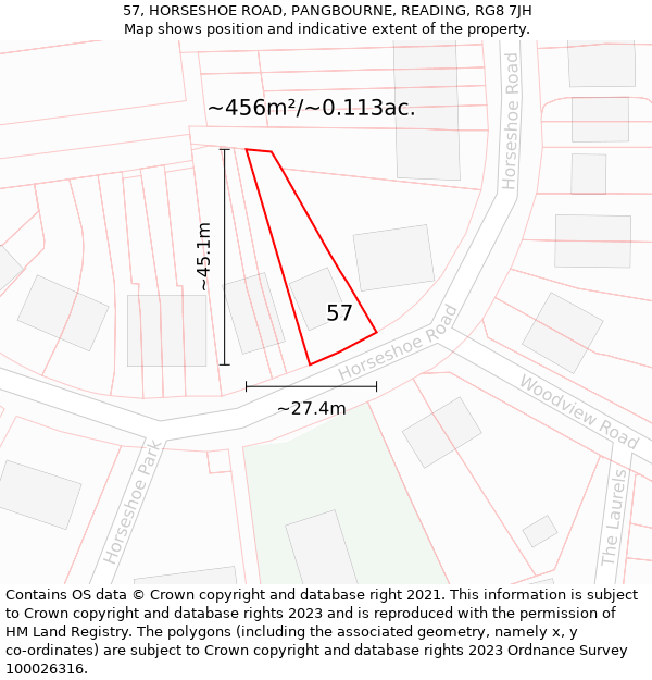 57, HORSESHOE ROAD, PANGBOURNE, READING, RG8 7JH: Plot and title map