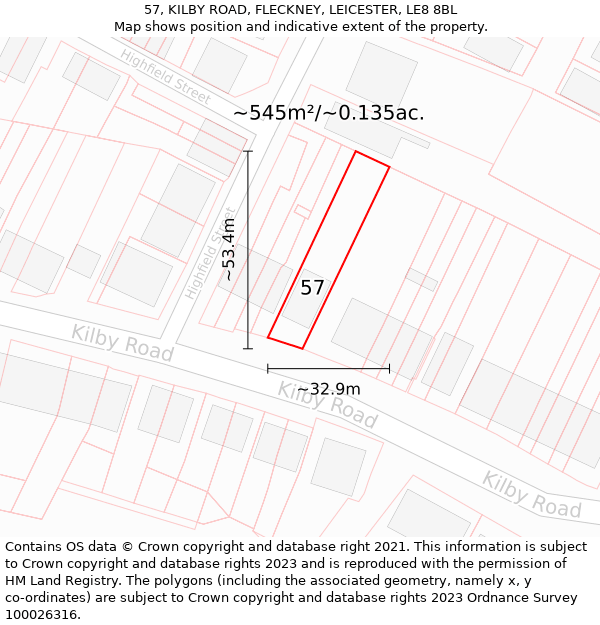 57, KILBY ROAD, FLECKNEY, LEICESTER, LE8 8BL: Plot and title map