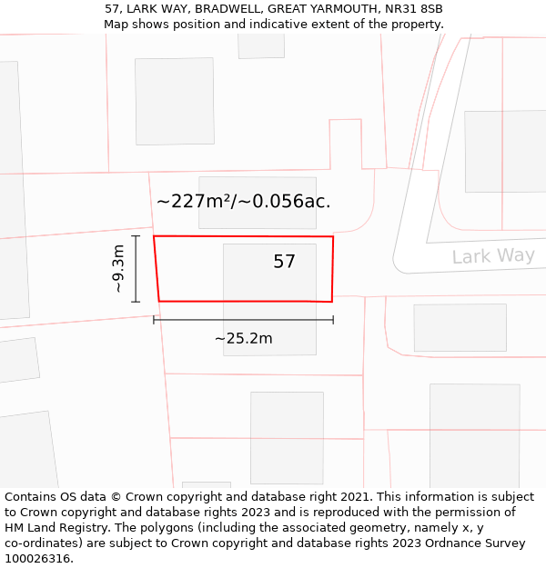 57, LARK WAY, BRADWELL, GREAT YARMOUTH, NR31 8SB: Plot and title map