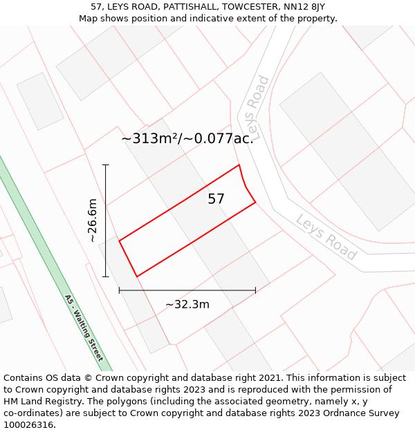 57, LEYS ROAD, PATTISHALL, TOWCESTER, NN12 8JY: Plot and title map