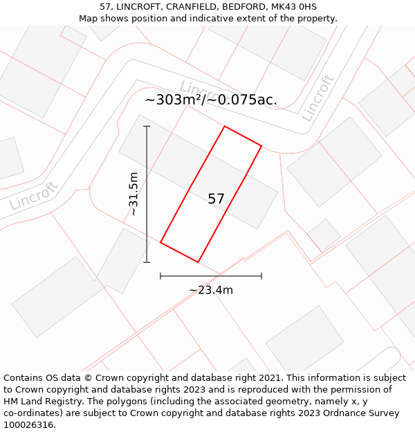 57, LINCROFT, CRANFIELD, BEDFORD, MK43 0HS: Plot and title map