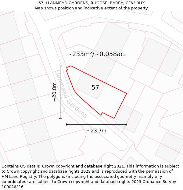 57, LLANMEAD GARDENS, RHOOSE, BARRY, CF62 3HX: Plot and title map