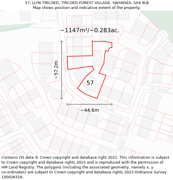 57, LLYN TIRCOED, TIRCOED FOREST VILLAGE, SWANSEA, SA4 9LB: Plot and title map