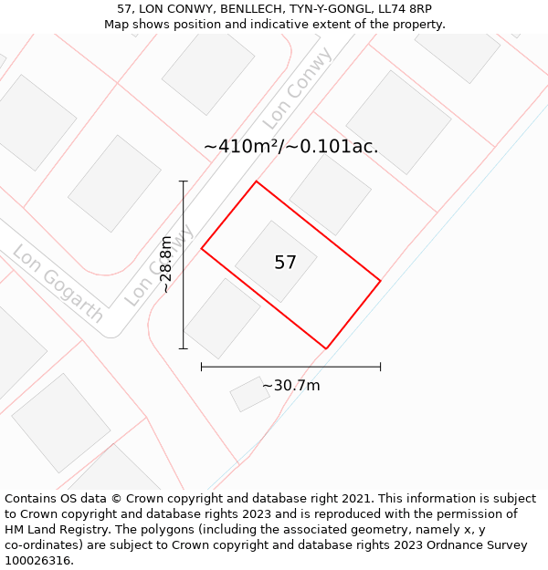 57, LON CONWY, BENLLECH, TYN-Y-GONGL, LL74 8RP: Plot and title map