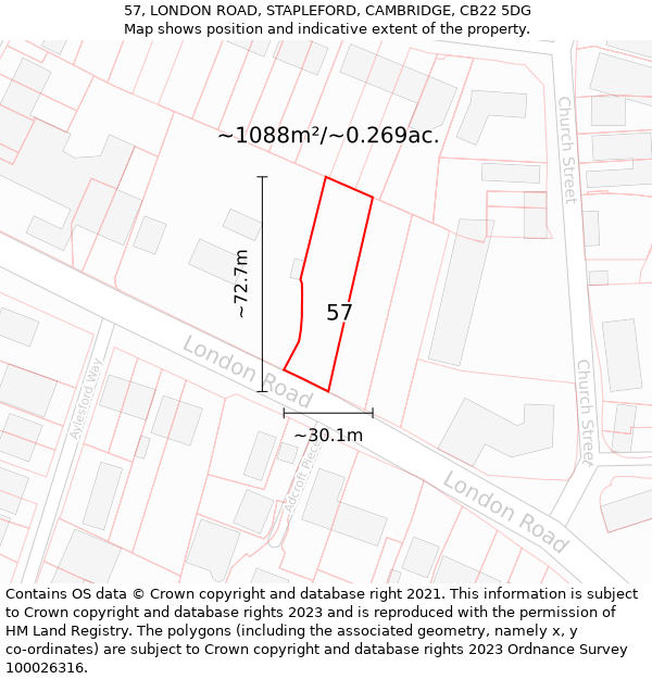 57, LONDON ROAD, STAPLEFORD, CAMBRIDGE, CB22 5DG: Plot and title map