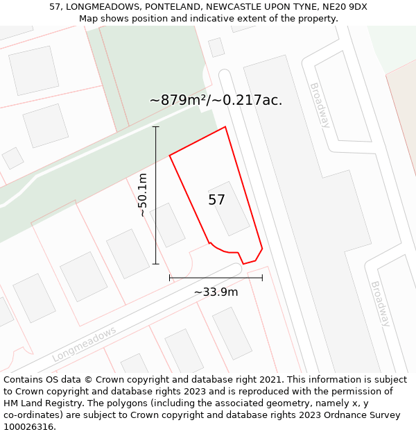 57, LONGMEADOWS, PONTELAND, NEWCASTLE UPON TYNE, NE20 9DX: Plot and title map