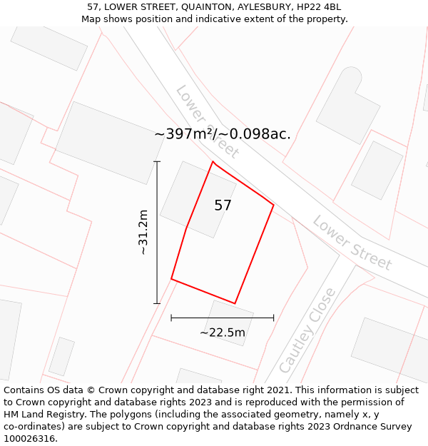 57, LOWER STREET, QUAINTON, AYLESBURY, HP22 4BL: Plot and title map