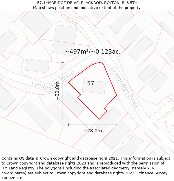 57, LYMBRIDGE DRIVE, BLACKROD, BOLTON, BL6 5TH: Plot and title map