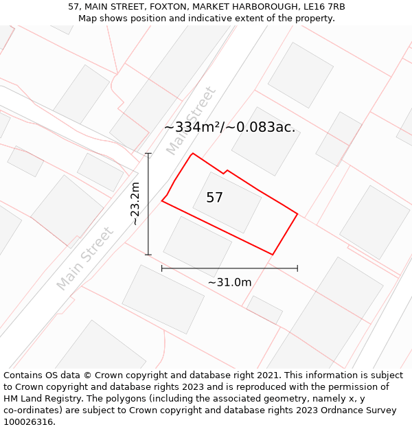 57, MAIN STREET, FOXTON, MARKET HARBOROUGH, LE16 7RB: Plot and title map