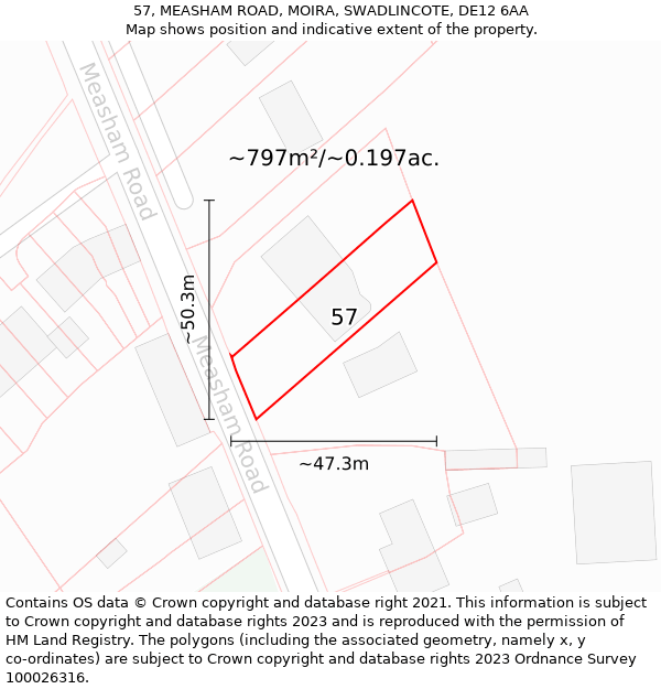 57, MEASHAM ROAD, MOIRA, SWADLINCOTE, DE12 6AA: Plot and title map