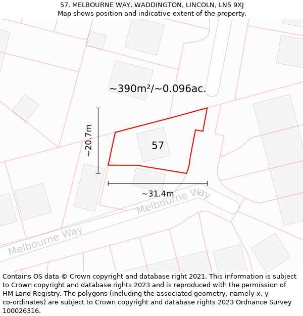 57, MELBOURNE WAY, WADDINGTON, LINCOLN, LN5 9XJ: Plot and title map