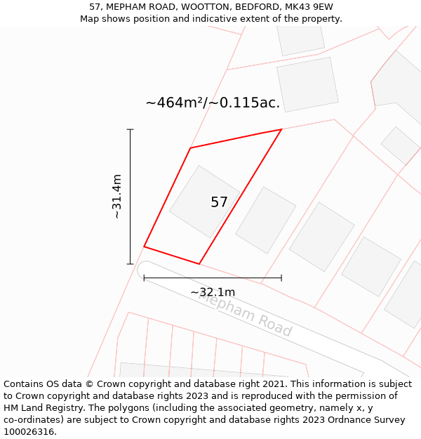 57, MEPHAM ROAD, WOOTTON, BEDFORD, MK43 9EW: Plot and title map