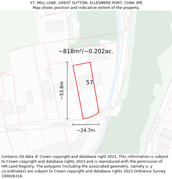 57, MILL LANE, GREAT SUTTON, ELLESMERE PORT, CH66 3PE: Plot and title map