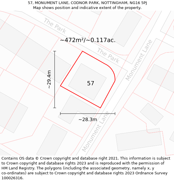 57, MONUMENT LANE, CODNOR PARK, NOTTINGHAM, NG16 5PJ: Plot and title map