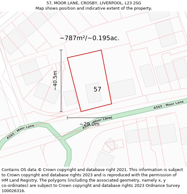 57, MOOR LANE, CROSBY, LIVERPOOL, L23 2SG: Plot and title map