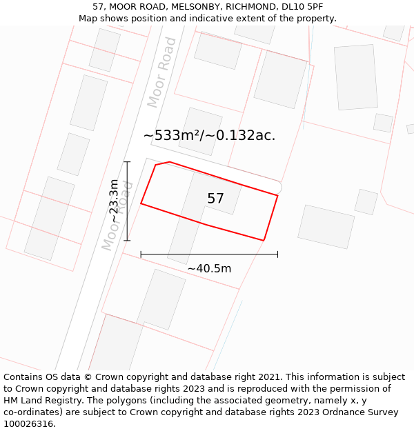 57, MOOR ROAD, MELSONBY, RICHMOND, DL10 5PF: Plot and title map