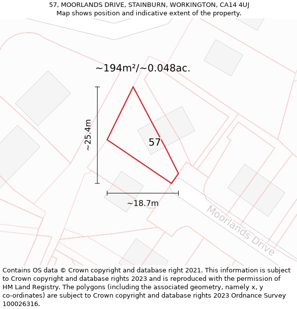 57, MOORLANDS DRIVE, STAINBURN, WORKINGTON, CA14 4UJ: Plot and title map