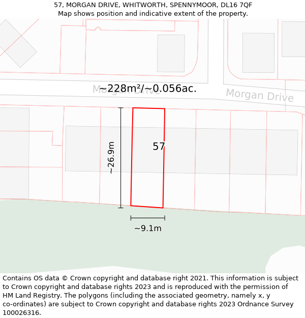 57, MORGAN DRIVE, WHITWORTH, SPENNYMOOR, DL16 7QF: Plot and title map