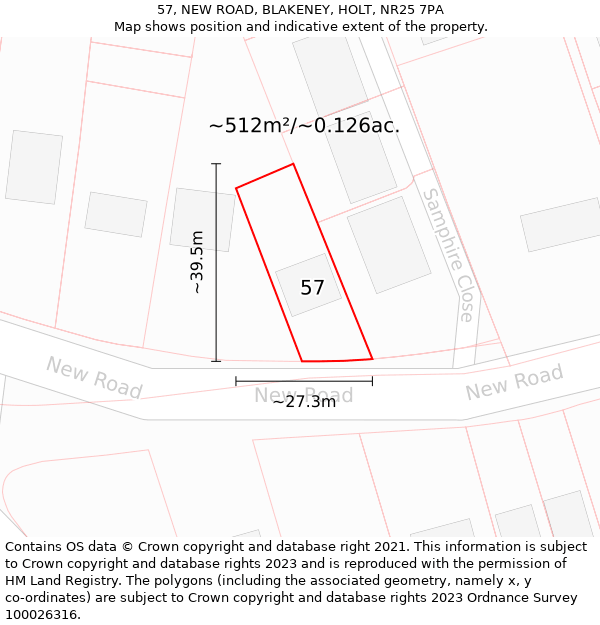 57, NEW ROAD, BLAKENEY, HOLT, NR25 7PA: Plot and title map