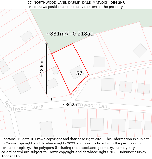 57, NORTHWOOD LANE, DARLEY DALE, MATLOCK, DE4 2HR: Plot and title map