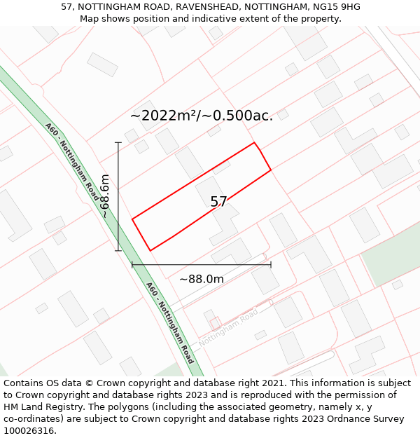 57, NOTTINGHAM ROAD, RAVENSHEAD, NOTTINGHAM, NG15 9HG: Plot and title map