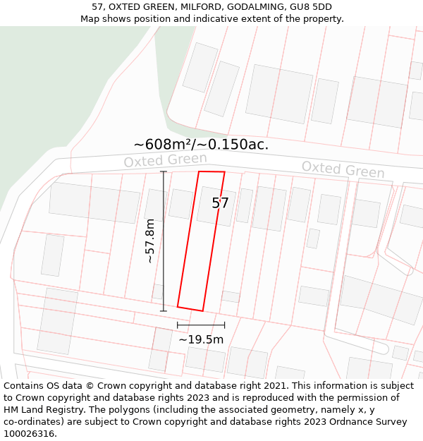 57, OXTED GREEN, MILFORD, GODALMING, GU8 5DD: Plot and title map