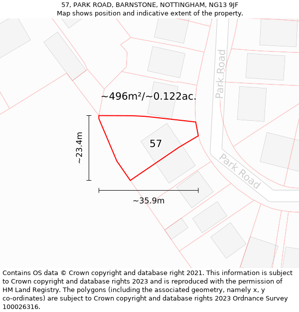 57, PARK ROAD, BARNSTONE, NOTTINGHAM, NG13 9JF: Plot and title map