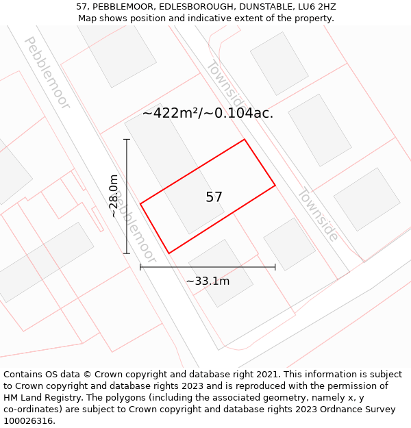 57, PEBBLEMOOR, EDLESBOROUGH, DUNSTABLE, LU6 2HZ: Plot and title map