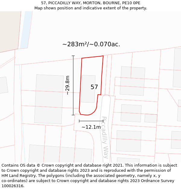 57, PICCADILLY WAY, MORTON, BOURNE, PE10 0PE: Plot and title map