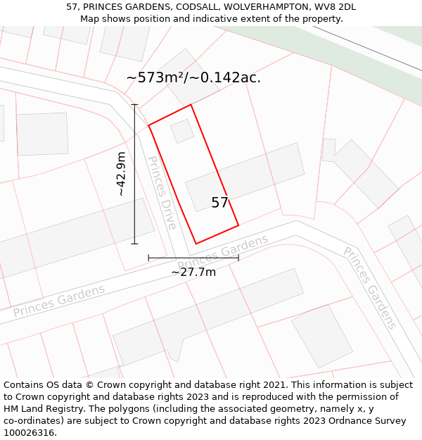 57, PRINCES GARDENS, CODSALL, WOLVERHAMPTON, WV8 2DL: Plot and title map