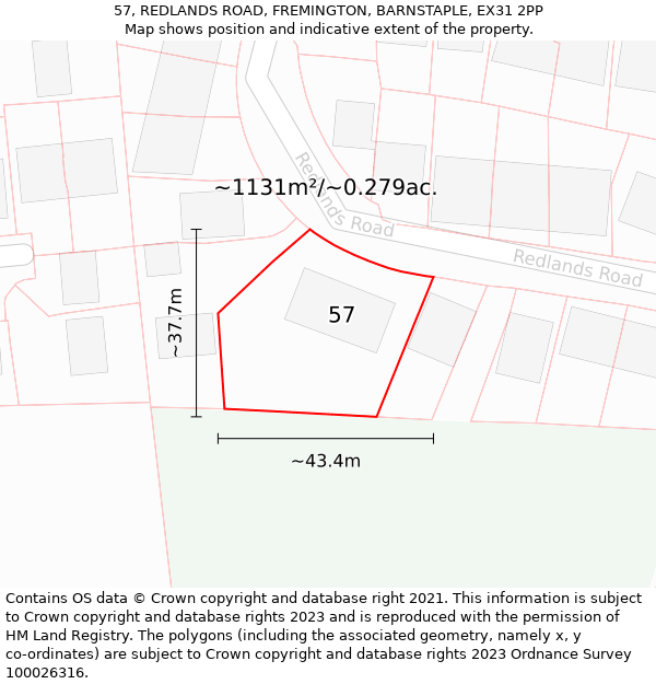 57, REDLANDS ROAD, FREMINGTON, BARNSTAPLE, EX31 2PP: Plot and title map