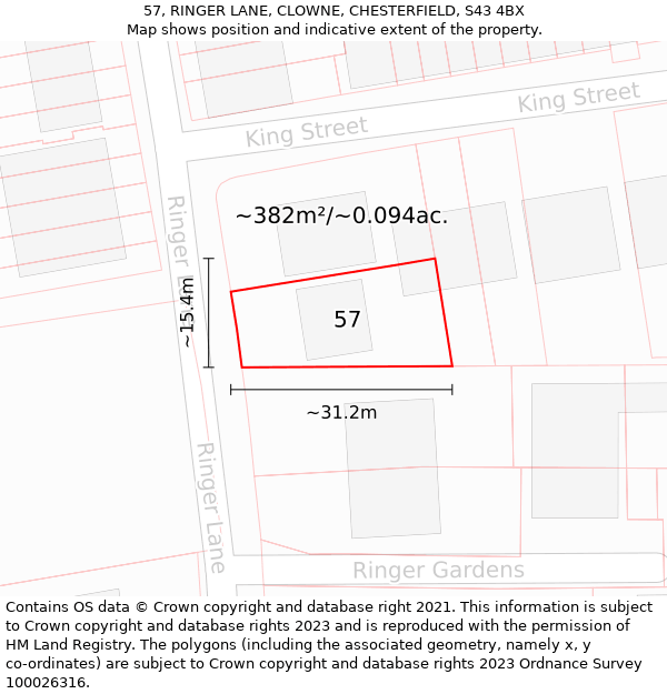 57, RINGER LANE, CLOWNE, CHESTERFIELD, S43 4BX: Plot and title map