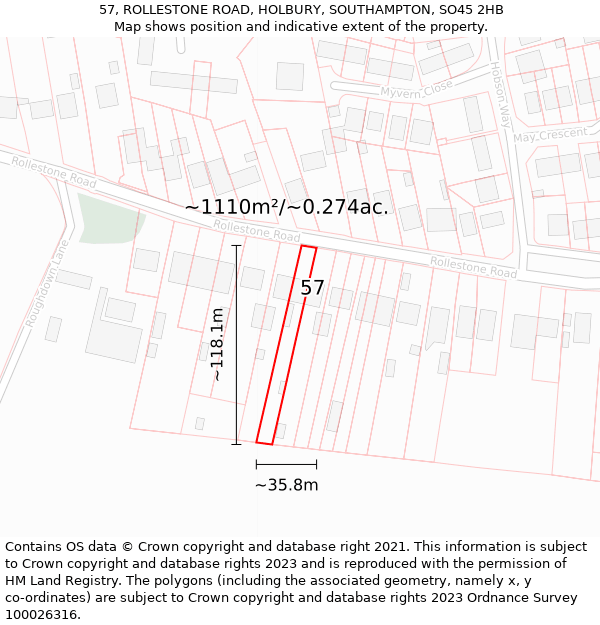 57, ROLLESTONE ROAD, HOLBURY, SOUTHAMPTON, SO45 2HB: Plot and title map