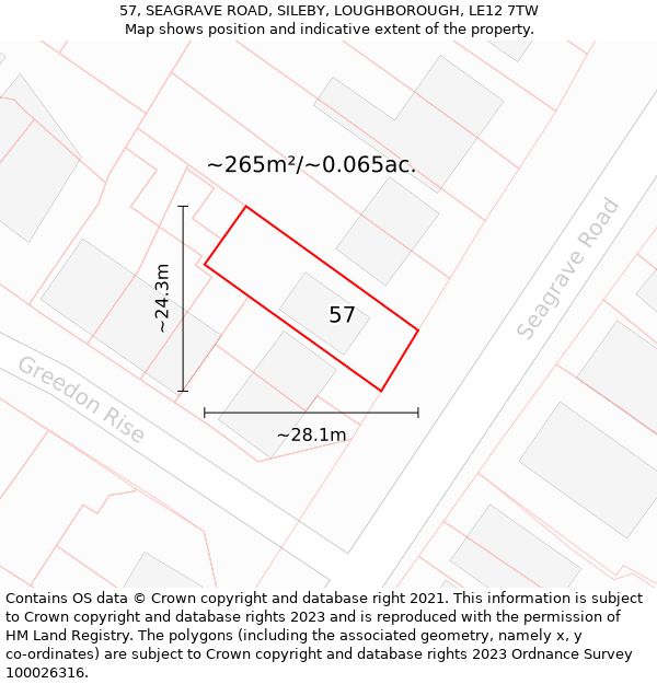 57, SEAGRAVE ROAD, SILEBY, LOUGHBOROUGH, LE12 7TW: Plot and title map