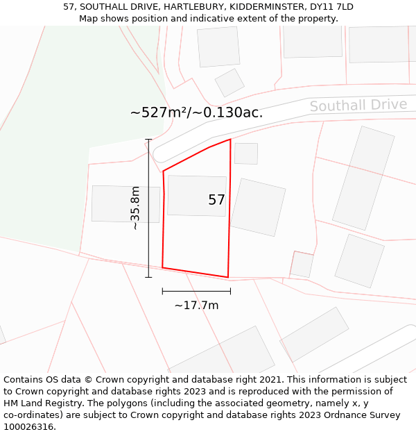 57, SOUTHALL DRIVE, HARTLEBURY, KIDDERMINSTER, DY11 7LD: Plot and title map