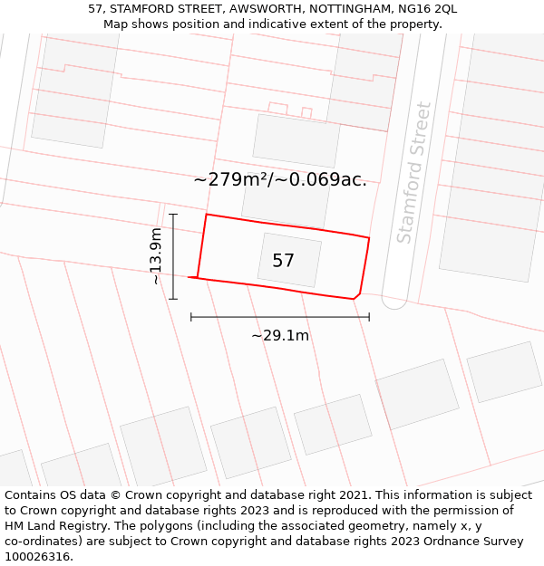 57, STAMFORD STREET, AWSWORTH, NOTTINGHAM, NG16 2QL: Plot and title map